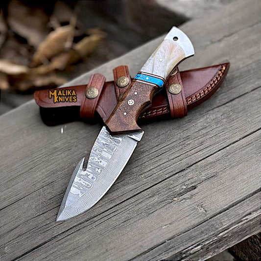 Stainless Damascus GutHook Hunting Knife | Wood & Marble handle-0361