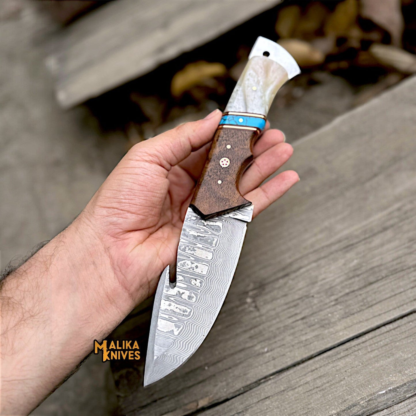 Stainless Damascus GutHook Hunting Knife | Wood & Marble handle-0361