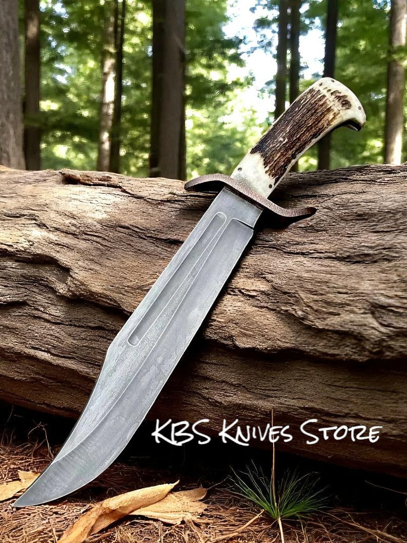 Professional Survival Bowie Knife - 11" D2 Steel with Antler Horn Handle & Copper Guard