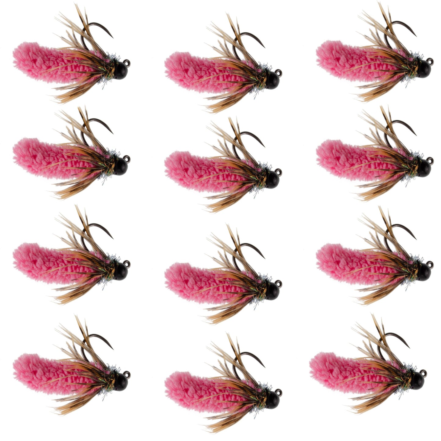 Tungsten Bead Hot Pink Mop Fly Tactical Jig Czech Euro Nymph Barbless Fly 12 Flies - Size 14