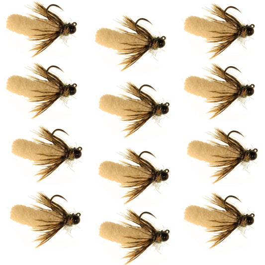 Tungsten Bead Tan Mop Fly Tactical Jig Czech Euro Nymph Barbless 12 Flies - Size 14