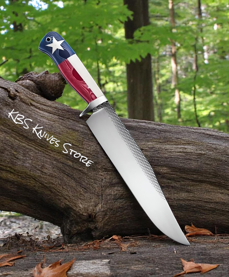 Western Bowie Knife - 10" Rasp Steel with Texas Flag G10 Handle & Steel Guard