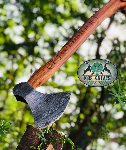 Handmade Damascus Steel Viking Beard Axe with Hand-Carved Rosewood Handle and Leather Sheath