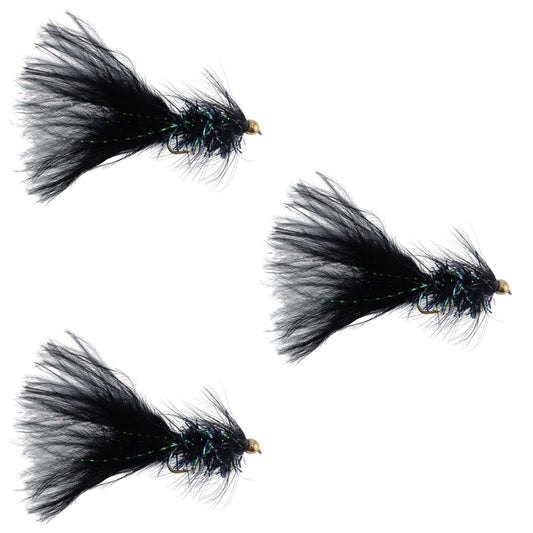 3 Pack Black Bead Head Crystal Woolly Bugger Classic Streamer Flies - 12 Flies - Hook Size 8