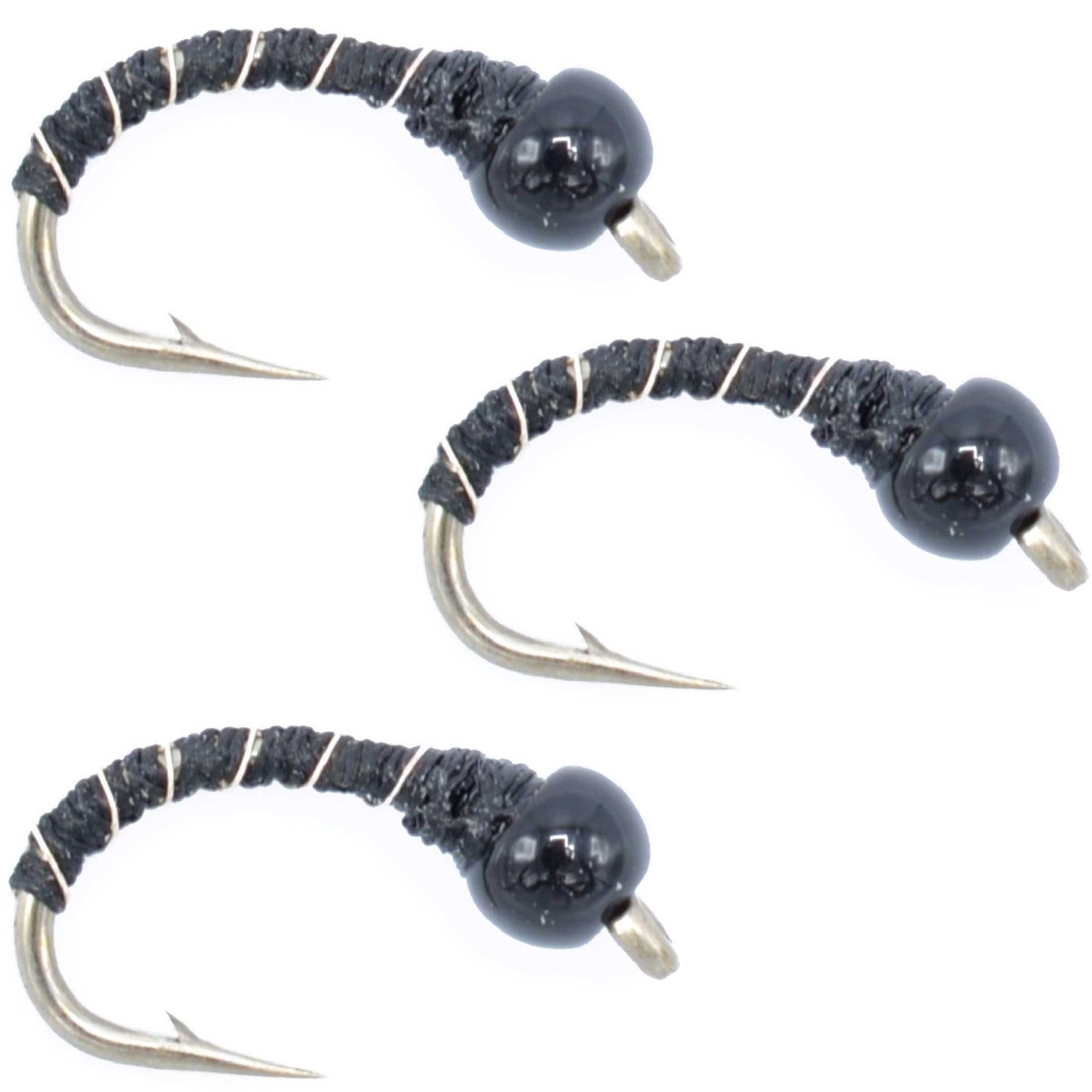 3 Pack Bead Head Black Zebra Midge Still Water Nymph Fly Hook Size 24