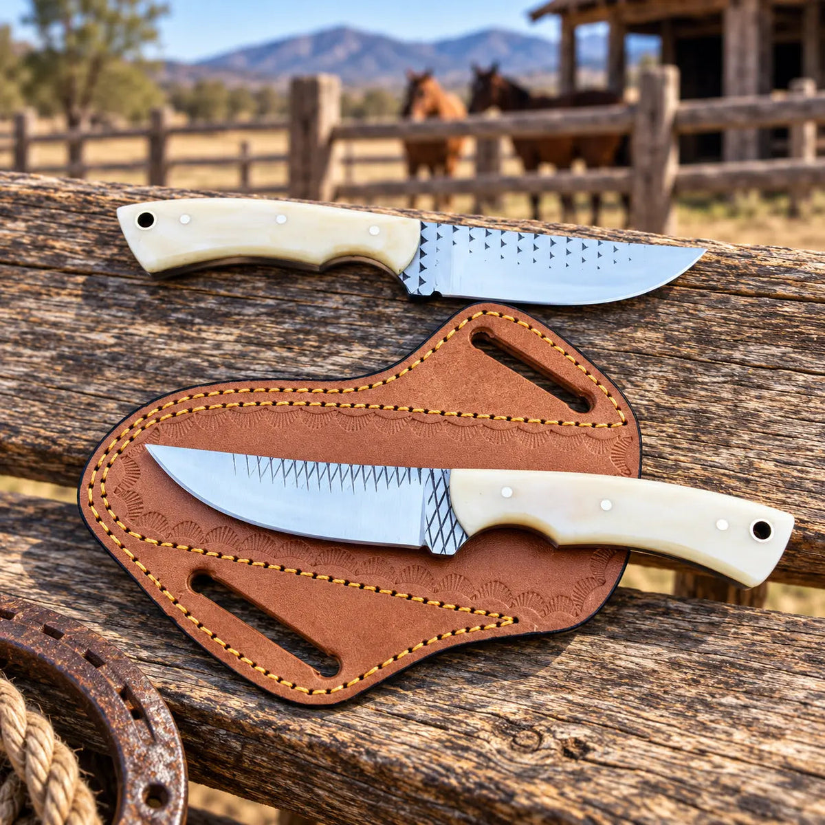 Bonehart Rasp Steel Skinner Knife – Bone Handle & Leather Sheath