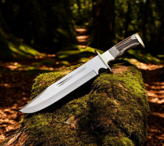 Bowie Knife With Antler Handles – 14.5" D2 Steel Blade With Blood Groove & Pakka Wood Handle