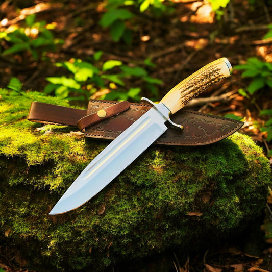 Custom Handmade Bowie Knife – 13" D2 Steel Blade with Antler Horn Handle and Leather Sheath