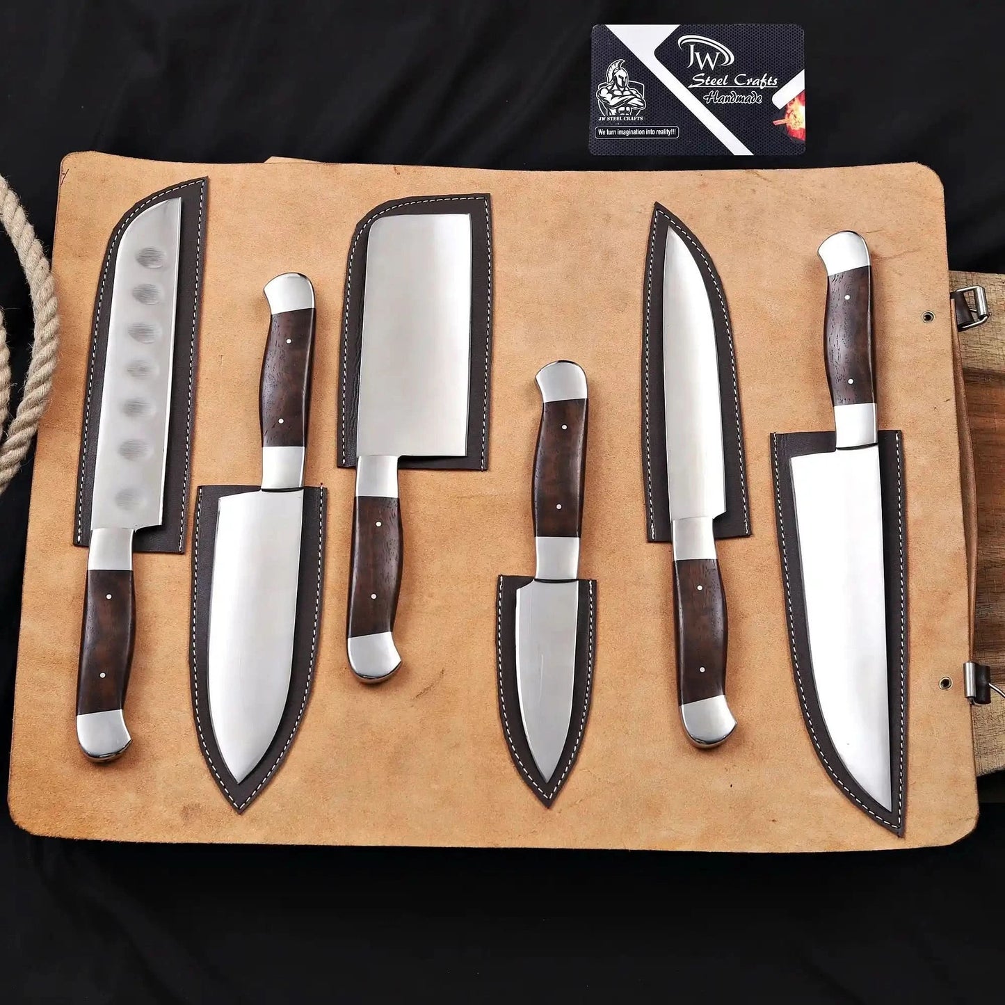 Handmade 6 Piece Chef Knife Set with Leather Roll – Full Tang Kitchen Knives Set with Cleaver, Chef, Santoku, Utility & Paring