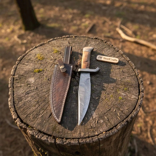 Classic Jim Bowie Style Damascus Steel Bowie Knife, Hand Forged Clip Point Blade, Damascus Guard, Walnut Wood Handle, Full Tang Fixed Blade with Leather Sheath by JW SteelCrafts