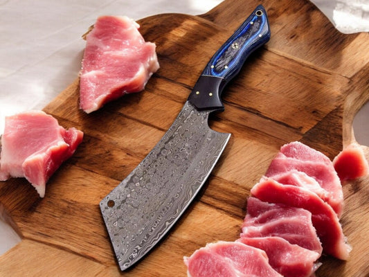 Custom Handmade Damascus Steel Best Cleaver Knife with Blue Pakka Wood Handle – 10" with Leather Sheath