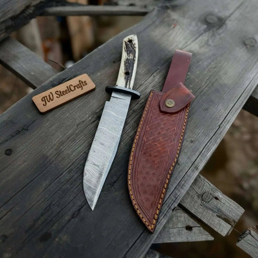 Stag Handle Damascus Hunting Knife Handmade Bowie Knife
