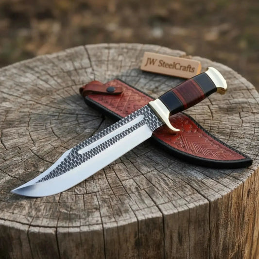 Handcrafted Western Bowie Knife Clip Point Hunting Blade with Brass Guard and Leather Sheath