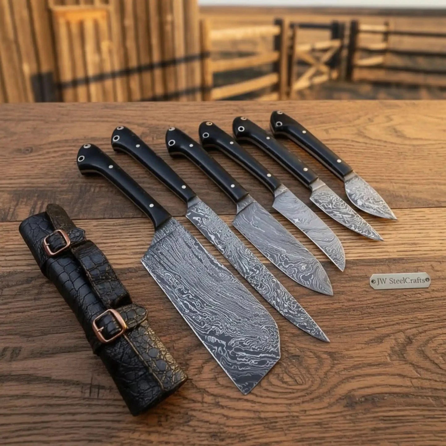 6-Piece Damascus Chef Knife Set – Japanese Chef Collection with Full Tang Blades & Leather Roll