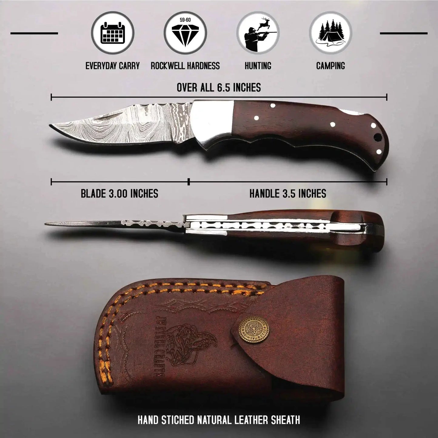 Damascus Folding Knife | Rosewood Handle Lockback | Pocket EDC Knife