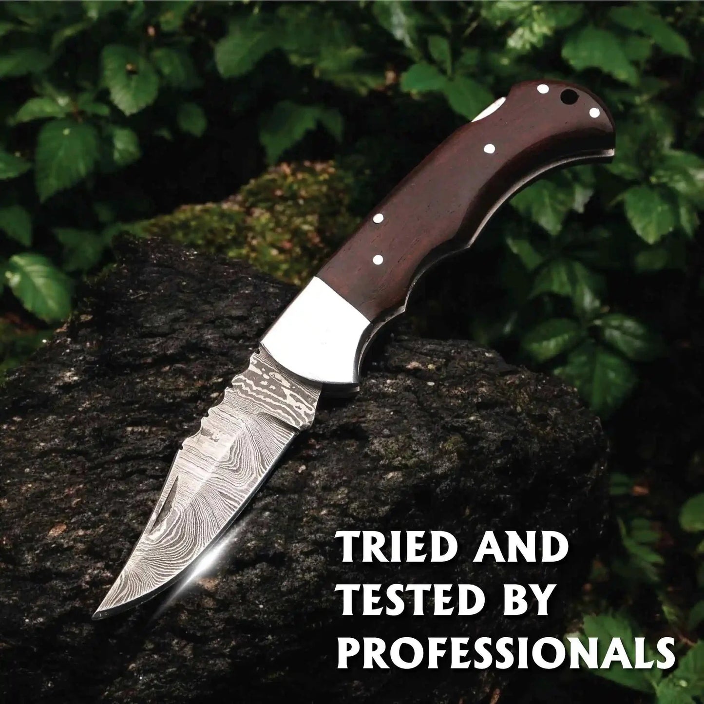 Damascus Folding Knife | Rosewood Handle Lockback | Pocket EDC Knife