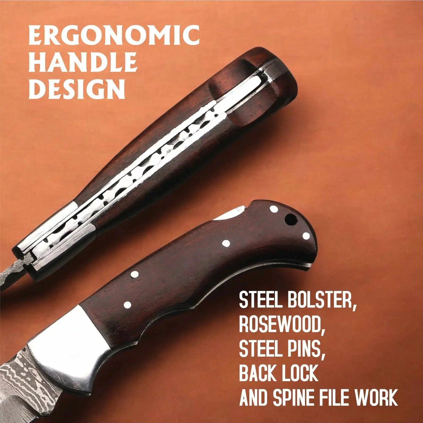 Damascus Folding Knife | Rosewood Handle Lockback | Pocket EDC Knife