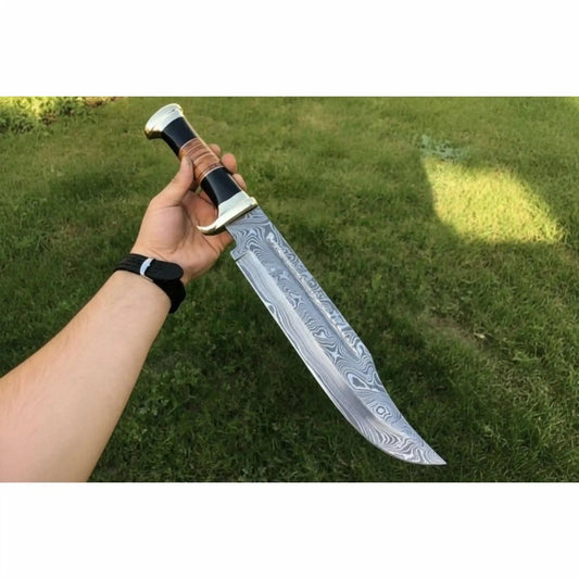 Dundee Clip Point Bowie Knife, Damascus or Mirror Polish Blade, Coffin Handle, Handmade Long Bowie, JW SteelCrafts