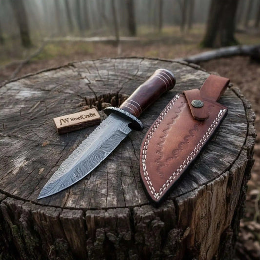13 inch Hand Forged Damascus Steel Bowie Knife with Wood Handle and Leather Sheath