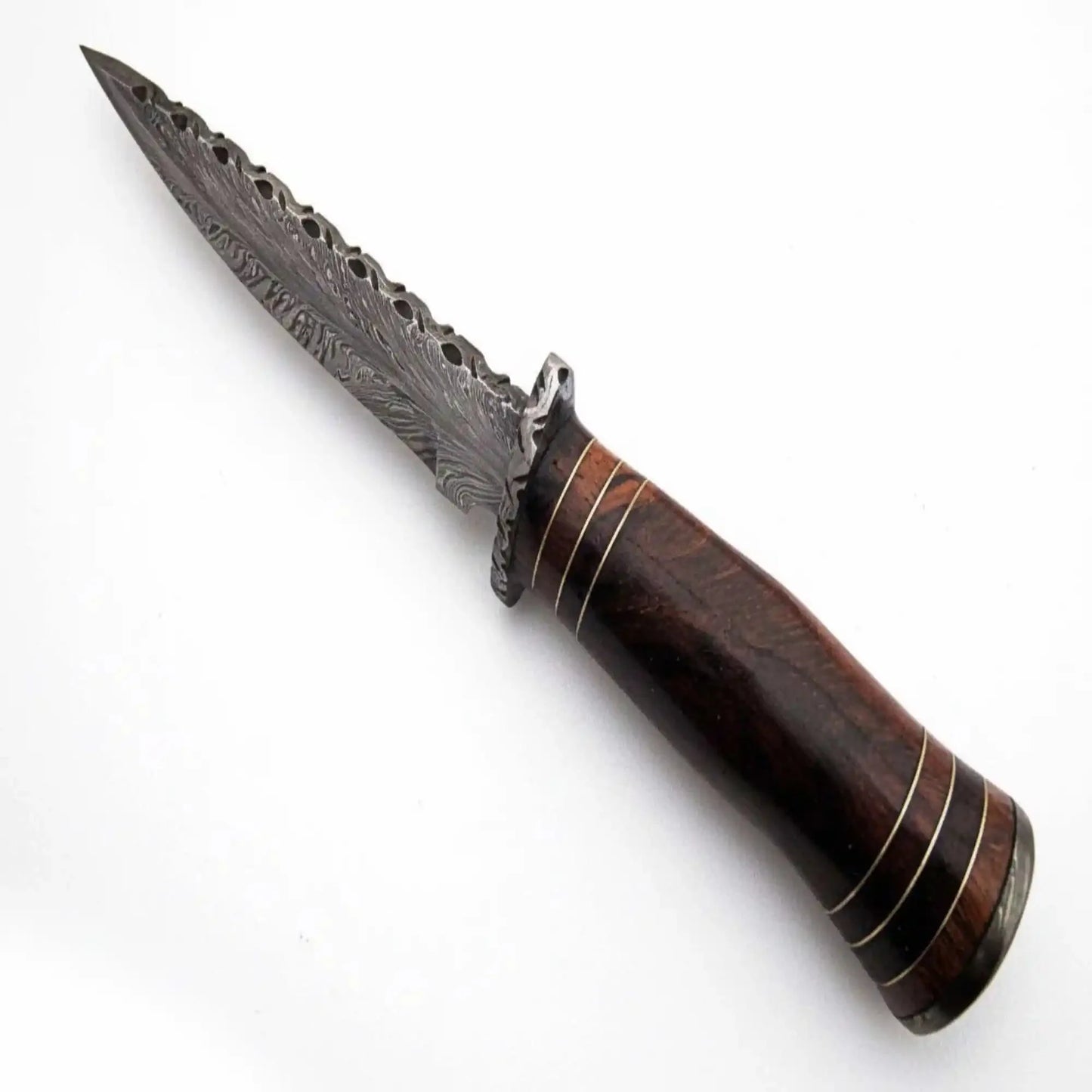 13 inch Hand Forged Damascus Steel Bowie Knife with Wood Handle and Leather Sheath
