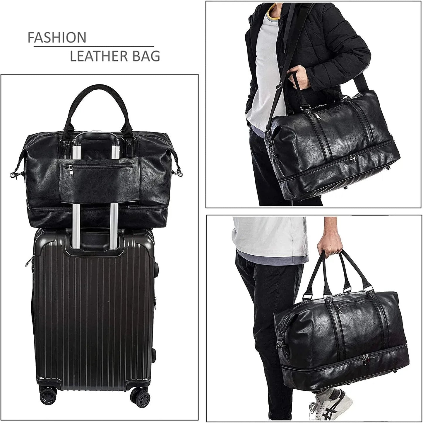 Leather Travel Bag with Shoe Pouch – 52L PU Leather Weekender Duffel