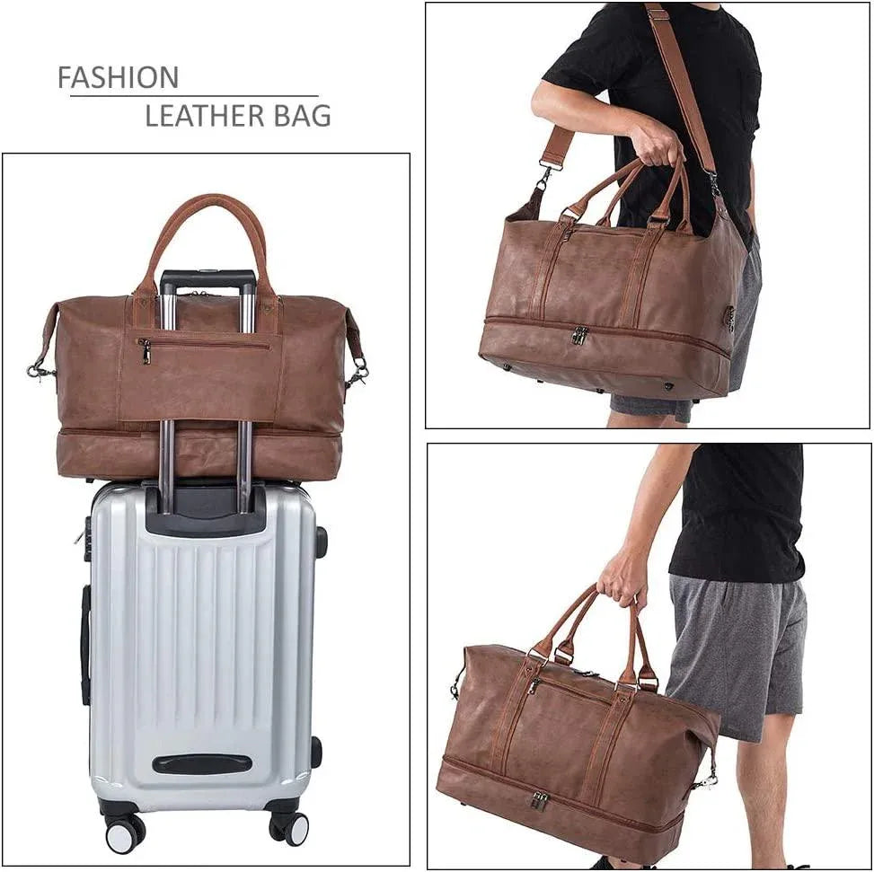 Leather Travel Bag with Shoe Pouch – 52L PU Leather Weekender Duffel