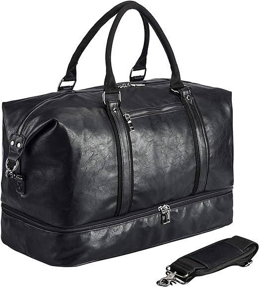 Leather Travel Bag with Shoe Pouch – 24″ Vegan Weekender Duffel