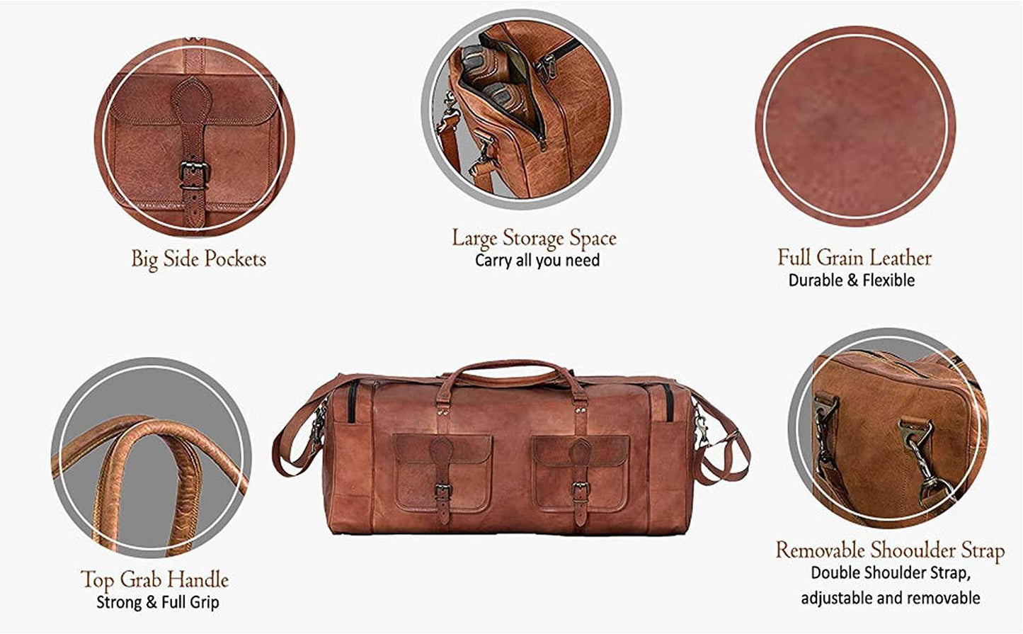 Full Grain Leather Duffel Bag – 32″ Handcrafted Weekender with Canvas Lining