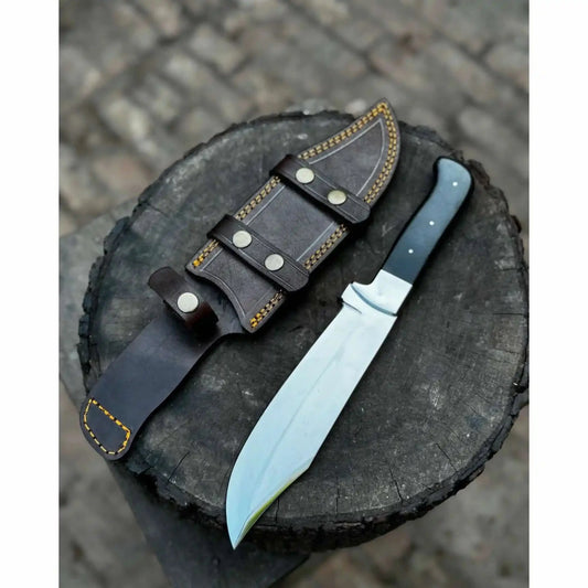 Frontier Bowie Knife, Hand Forged High Carbon Steel Clip Point Blade, Black Micarta Handle, Full Tang with Leather Sheath