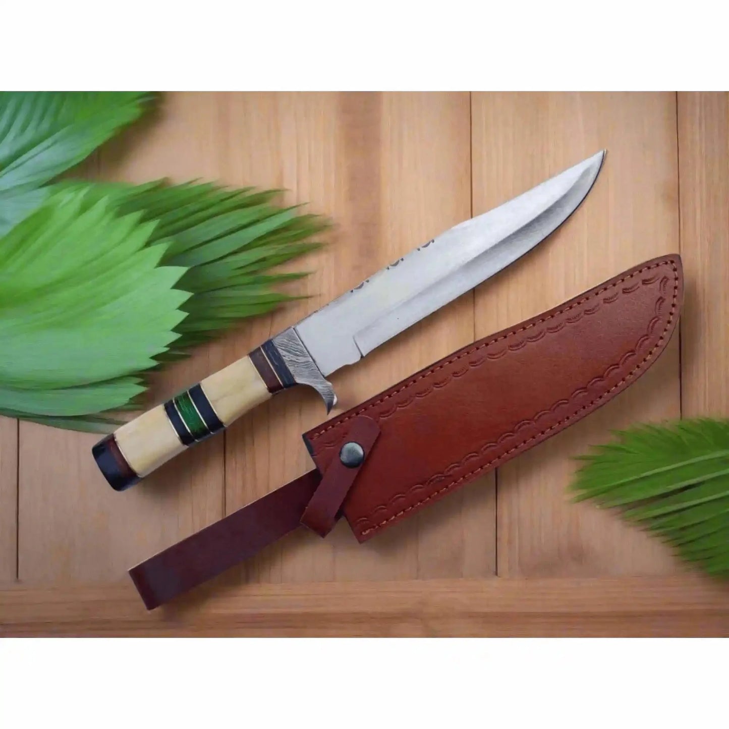 Hand Forged Frontier Bowie Knife, Authentic Jim Bowie Style, Bone Handle with Leather Sheath