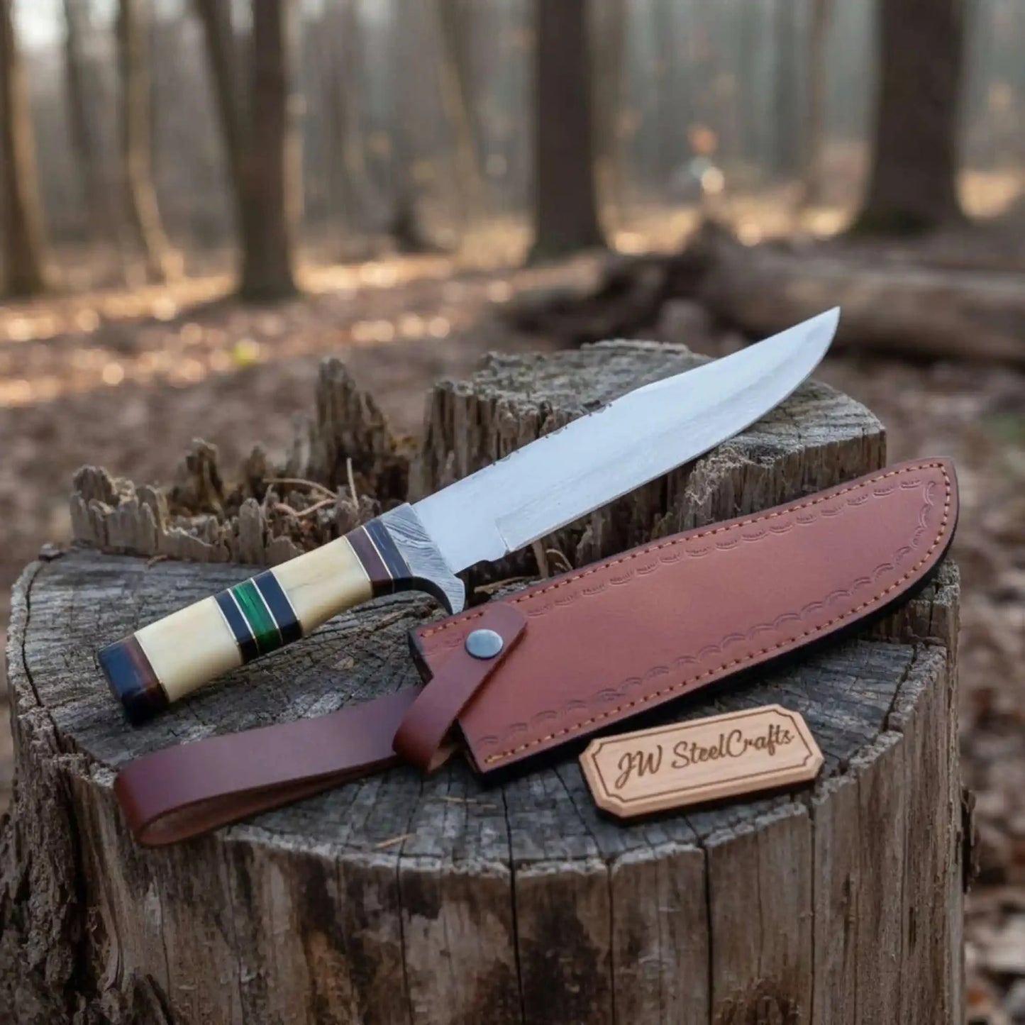 Hand Forged Frontier Bowie Knife, Authentic Jim Bowie Style, Bone Handle with Leather Sheath
