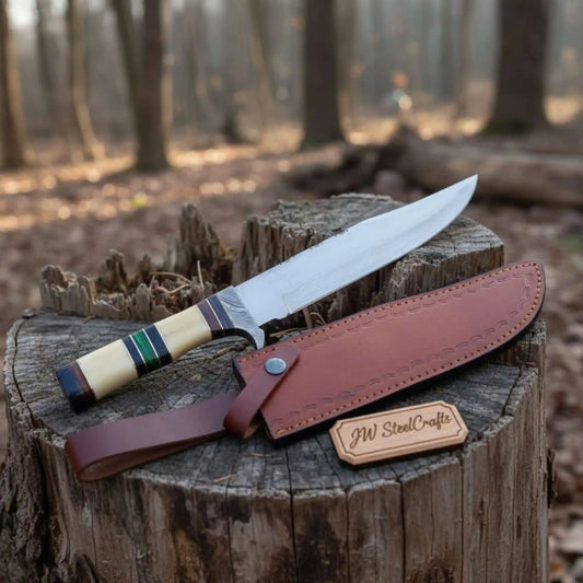 Hand Forged Frontier Bowie Knife, Authentic Jim Bowie Style, Bone Handle with Leather Sheath