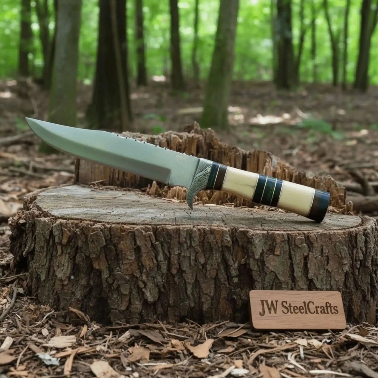 Hand Forged Frontier Bowie Knife, Authentic Jim Bowie Style, Bone Handle with Leather Sheath