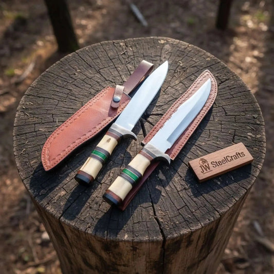 Hand Forged Frontier Bowie Knife Set, Traditional American Clip Point Knives, Stacked Bone Handles
