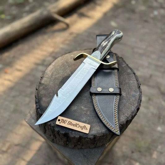 Frontier Bowie Style Hand Forged Damascus Steel Knife with Brass S-Guard, Clip Point Blade, Cut Hook, Stag Handle, Full Tang with Leather Sheath – JW SteelCrafts