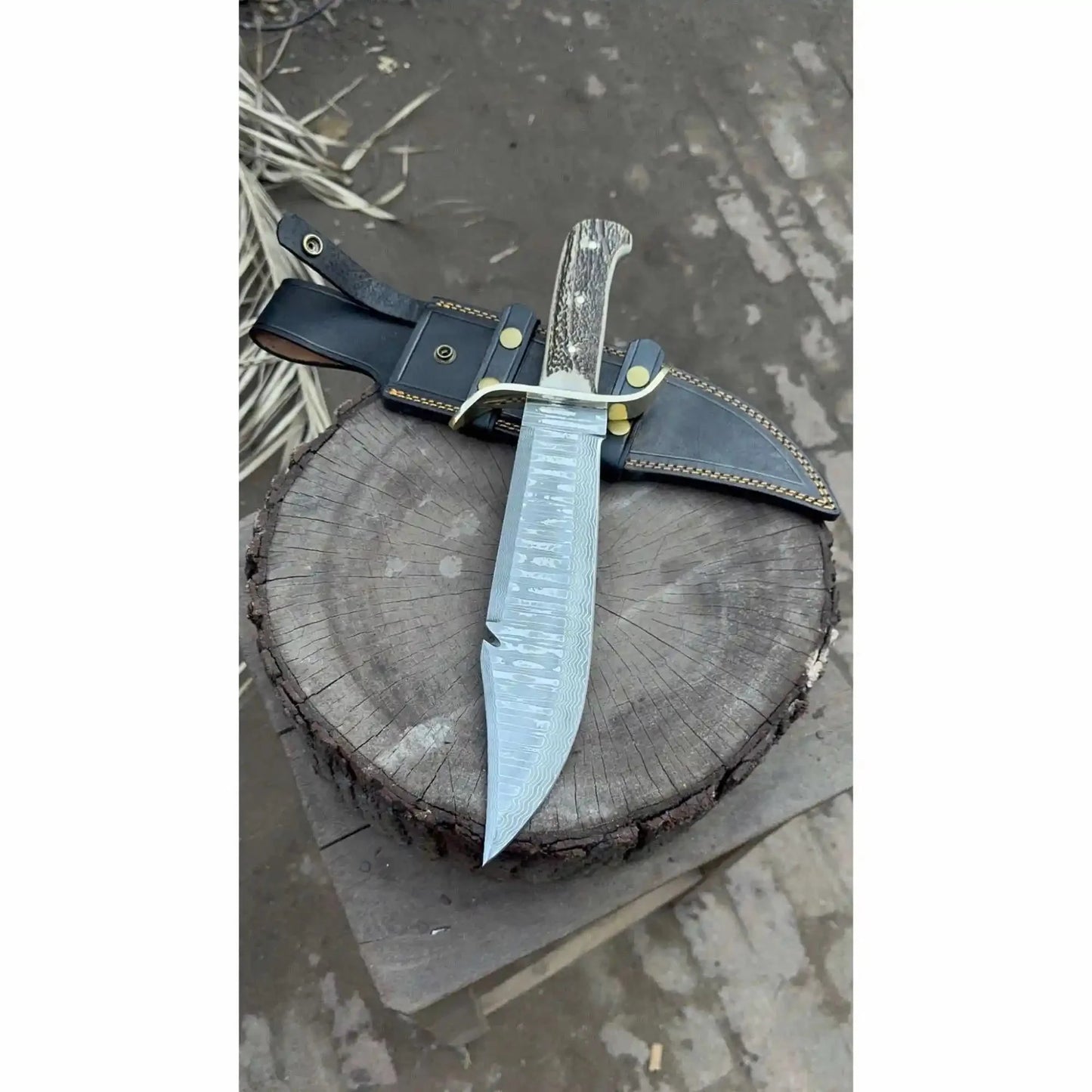Frontier Bowie Style Hand Forged Damascus Steel Knife with Brass S-Guard, Clip Point Blade, Cut Hook, Stag Handle, Full Tang with Leather Sheath – JW SteelCrafts