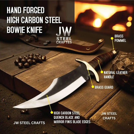 Handmade Frontier Bowie Knife - High Carbon Steel, Leather Handle, Brass Crossguard