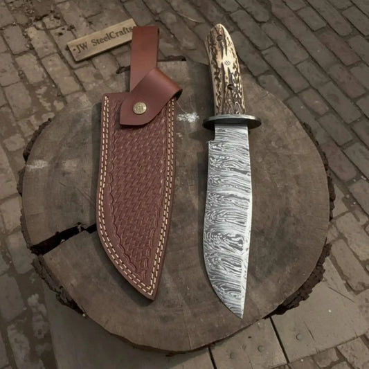 Timberhorn Bowie Blade  Handmade 8" Clip Point Hunting Blade with Stag Handle & Leather Sheath