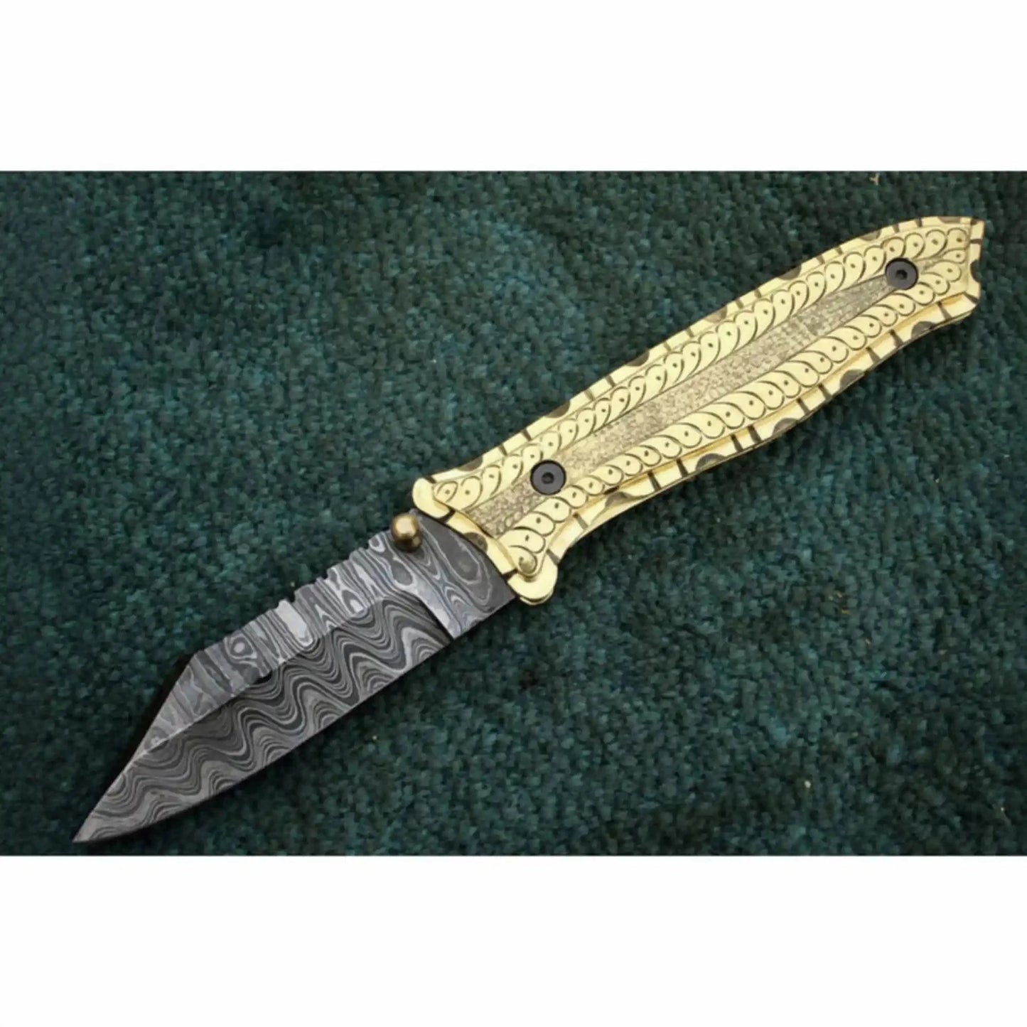 Hand-Engraved Damascus Folding Knife with Brass Handle & Leather Sheath