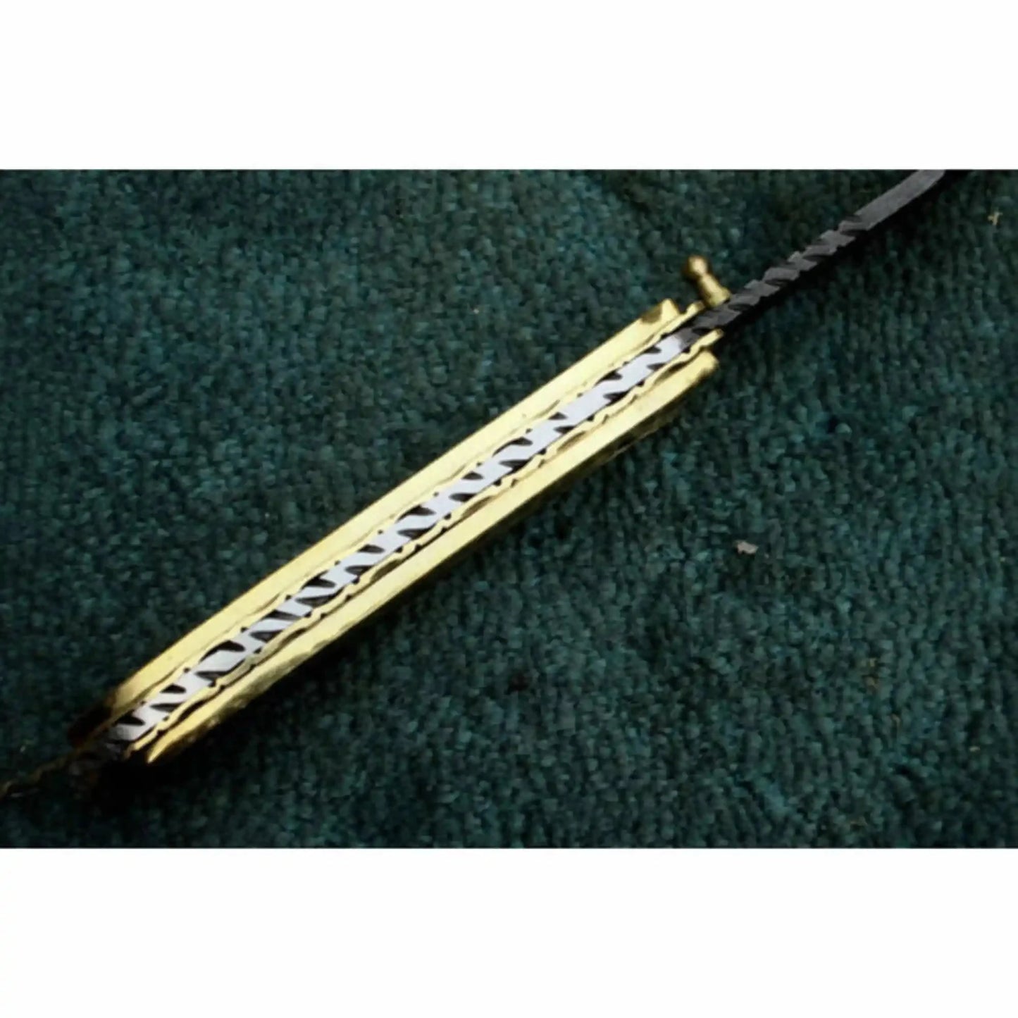 Hand-Engraved Damascus Folding Knife with Brass Handle & Leather Sheath