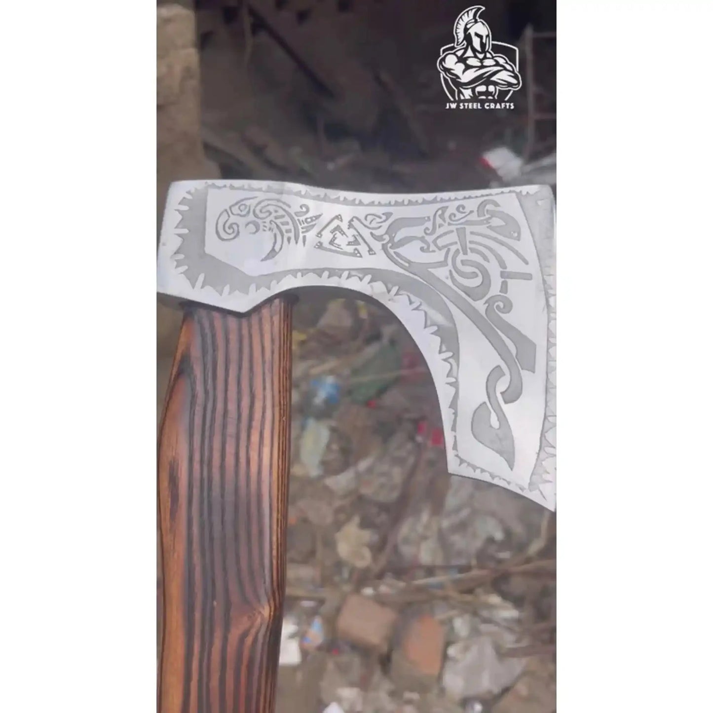 Hand Forged Carbon Steel Viking Axe with Carved Ash Wood Handle and Leather Grip