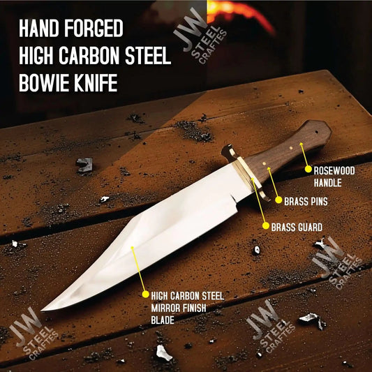 Clip Point High Carbon Steel Bowie Knife, Hand Forged, Rosewood Handle