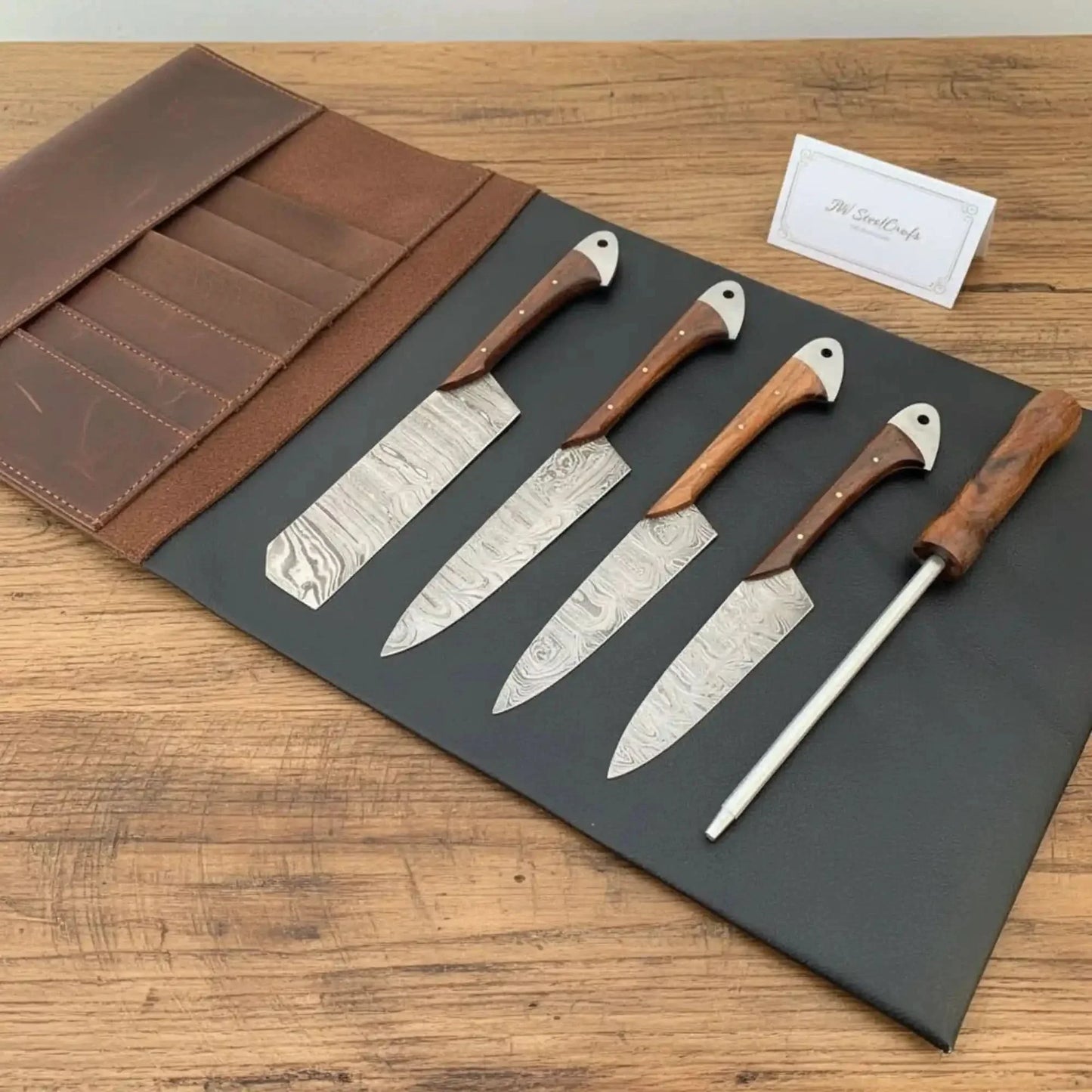 5-Piece Damascus Cutlery Set with 9 inch Blades, Rosewood Handles, Leather Roll