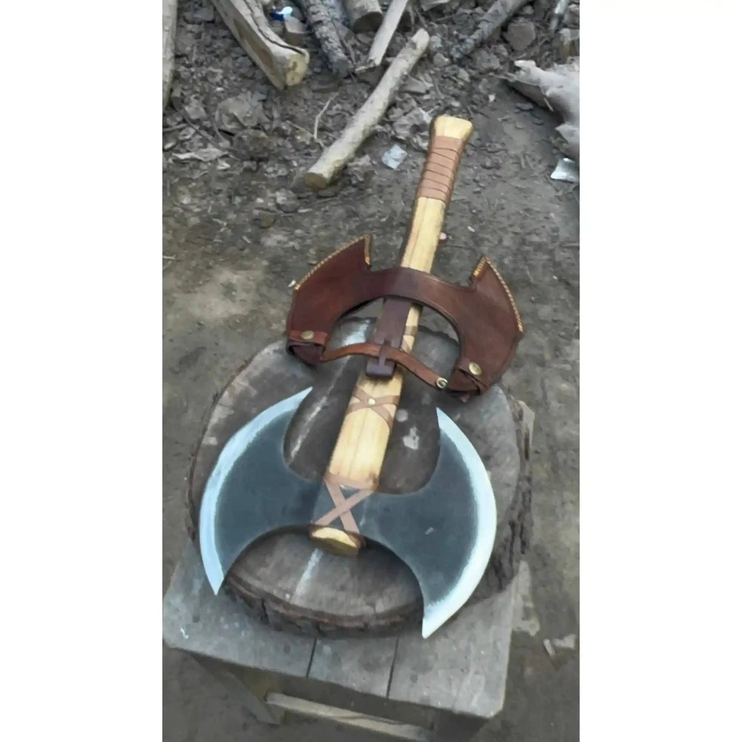 Handcrafted Double-Head Decorative Axe with Wooden Handle – JW SteelCrafts
