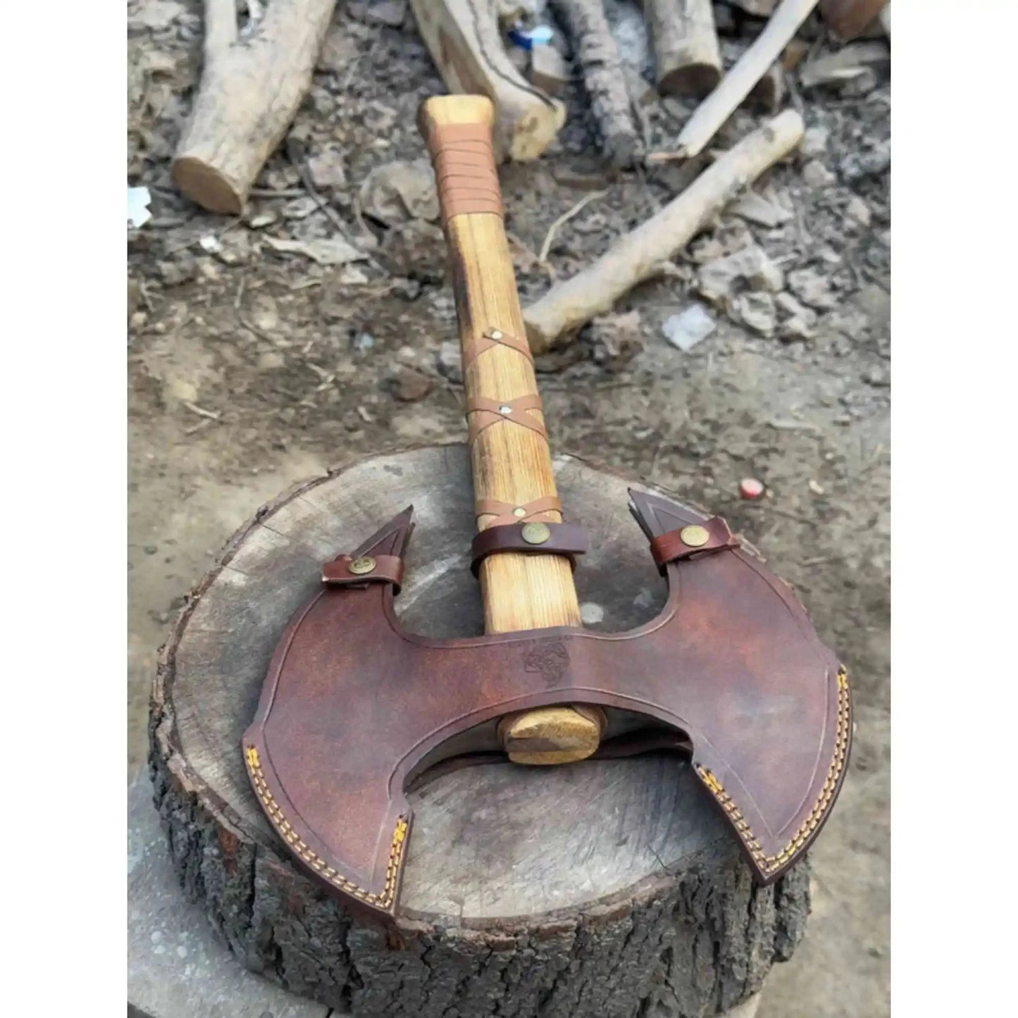 Handcrafted Double-Head Decorative Axe with Wooden Handle – JW SteelCrafts