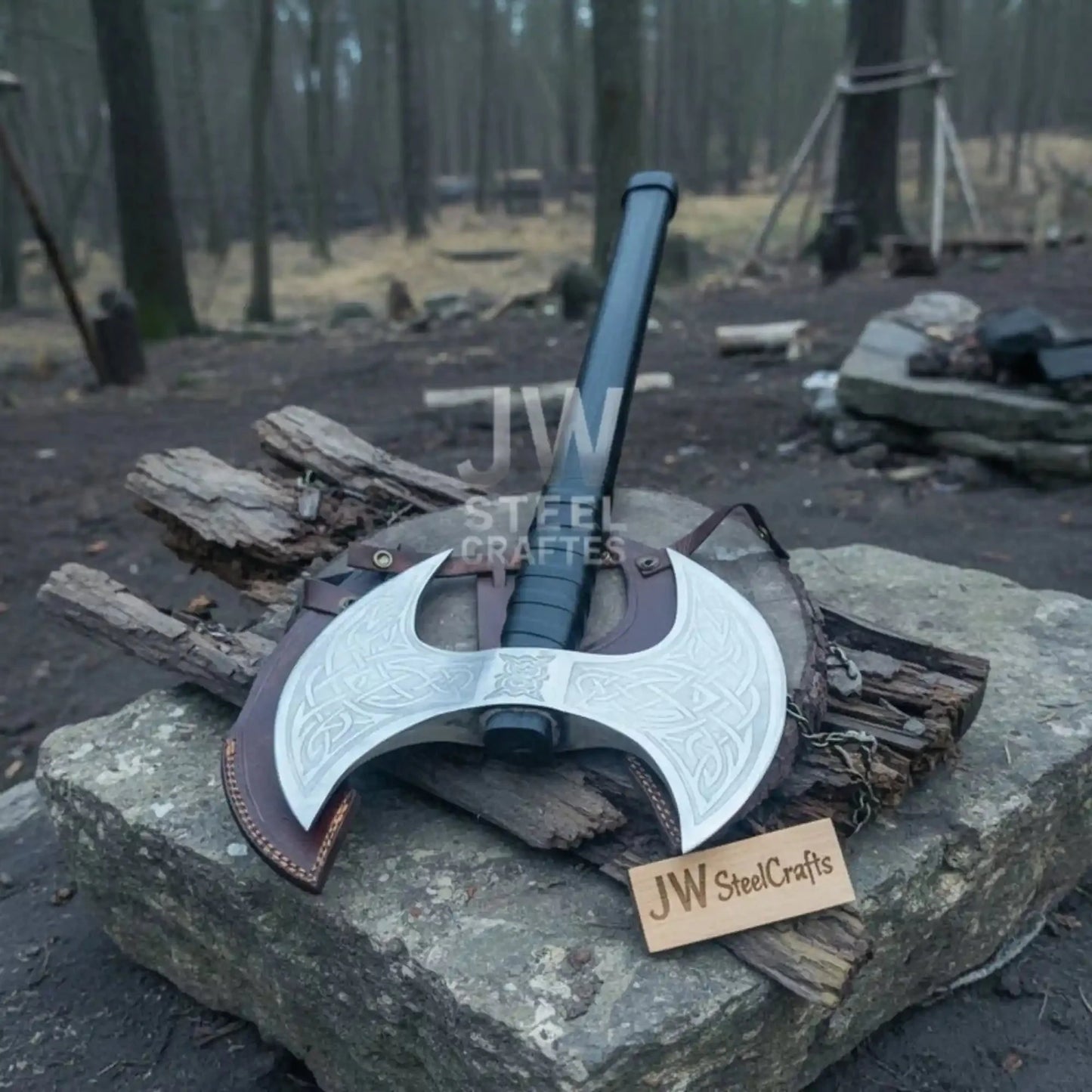 Hand Forged Double-Headed Viking Axe with Nordic Knotwork Engravings and Cord-Wrapped Handle