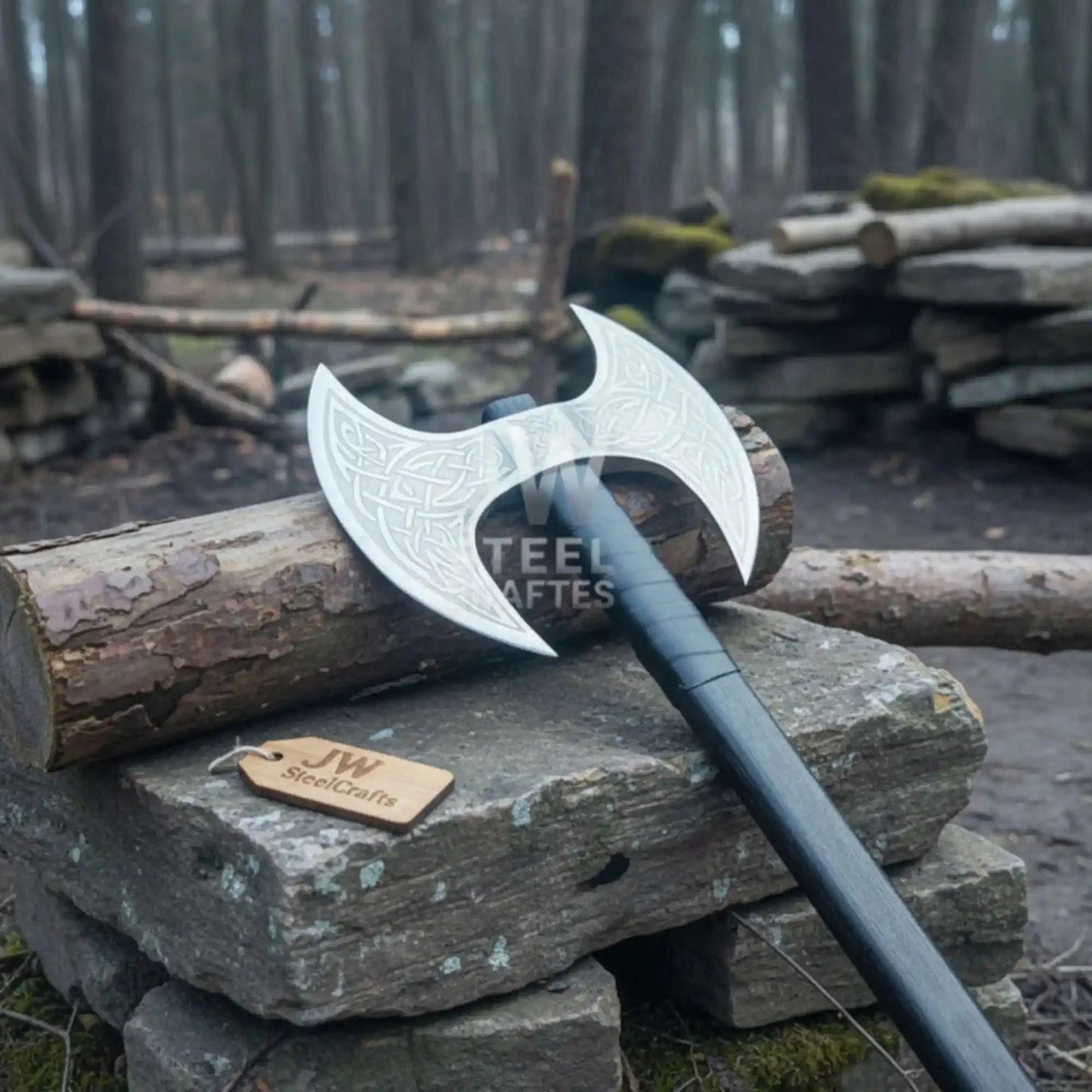 Hand Forged Double-Headed Viking Axe with Nordic Knotwork Engravings and Cord-Wrapped Handle