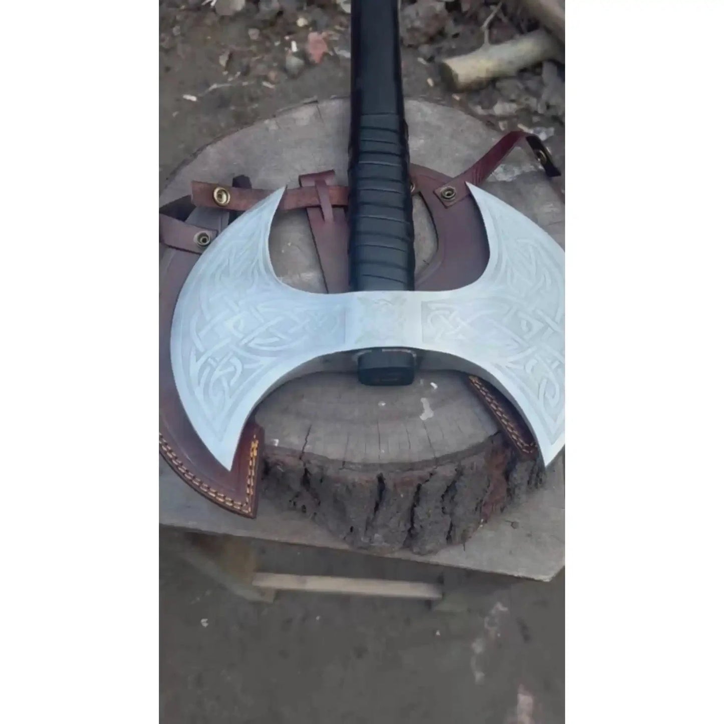 Hand Forged Double-Headed Viking Axe with Nordic Knotwork Engravings and Cord-Wrapped Handle