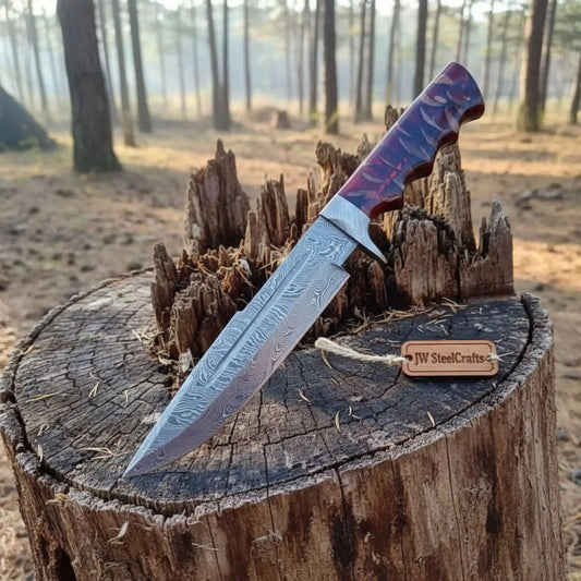 Handmade Coffin Handle Clip Point Bowie Knife Damascus Steel Blade Red Resin Handle Custom Fixed Blade JW SteelCrafts