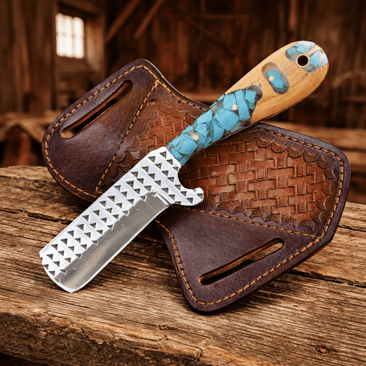 Handmade Cowboy Bull Cutter Knife – Rasp File Steel Blade with Turquoise & Wood Handle